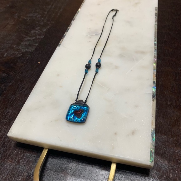 Artisan handmade blue square glass medallion cord leather necklace - Picture 6 of 10